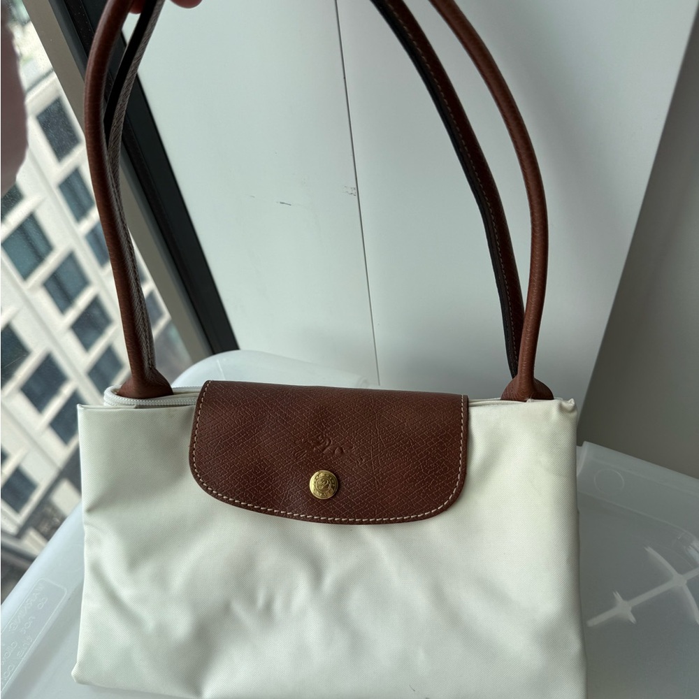 Longchamp White Shoulder Bag with Brown Trim